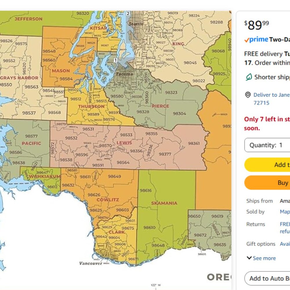 WASHINGTON State Zip code Laminated Wall Map 48" x 32.75" New USPS